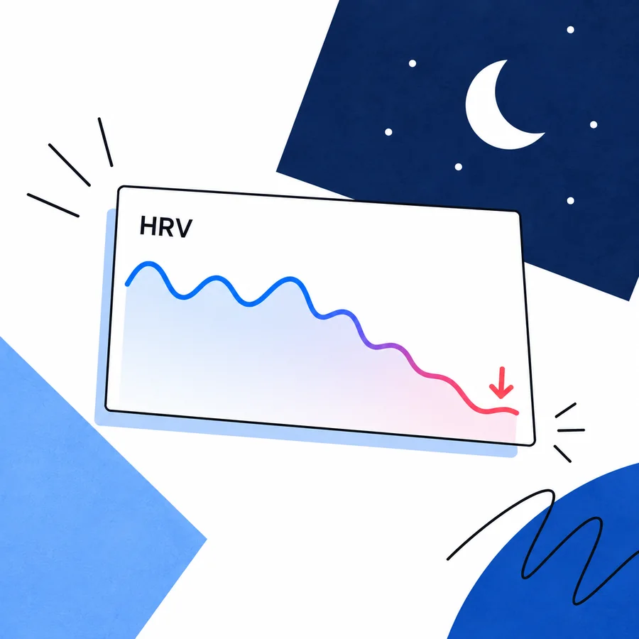 Illustration of an HRV chart whose line dips overnight, beside a night sky with a crescent moon