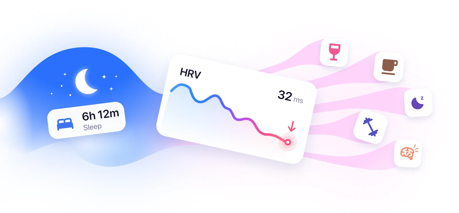 Illustration of an HRV chart whose blue line dips overnight and turns red at the drop, beside a night sky with a crescent moon and stars