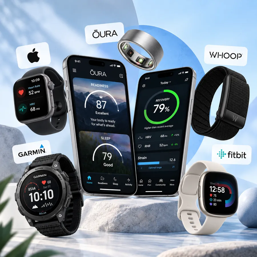 Oura ring, Apple Watch, WHOOP band, Garmin watch and Fitbit around two phones showing readiness and recovery scores