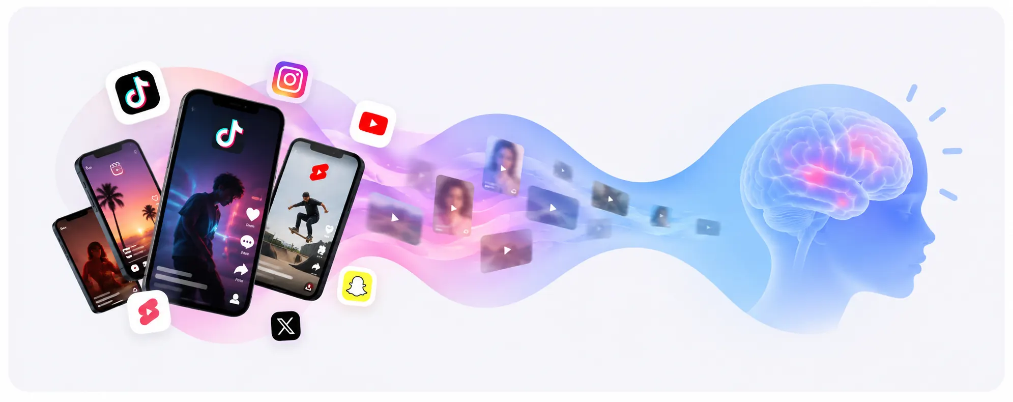 Short videos from TikTok, Reels and Shorts streaming out of phones and into a human brain
